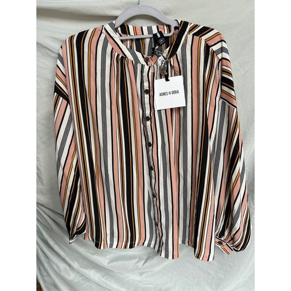 Agnes & Dora Tops - Agnes & Dora Peasant Top XS Long Sleeve Striped Button Down Blouse Black Blush